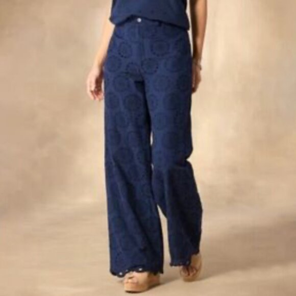 Sundance Navy Blue Eyelet Cutwork Embroidered Cotton Wide Leg Pants 16 Boho
